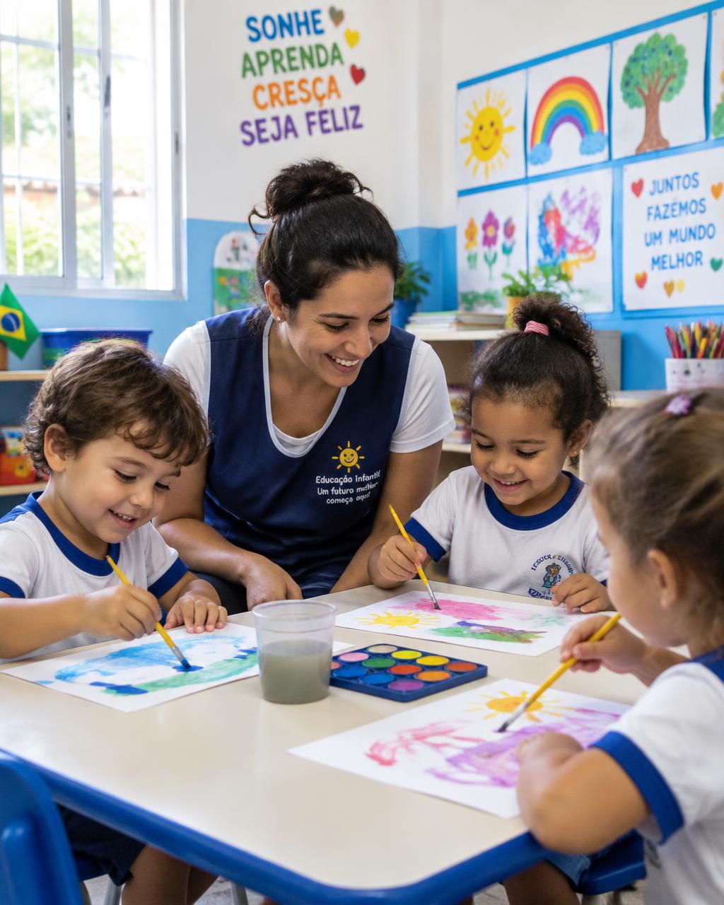 Imagem ilustrativa de crianças pintando em sala de aula com a professora; substituir por foto real da escola